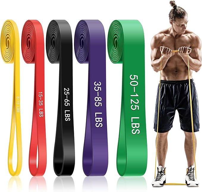 Five long pull-up resistance bands from 5 to 125 lb