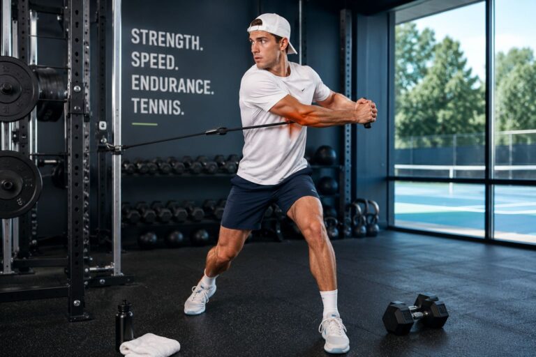 Tennis player training strength exercises with a Voltex physical therapist in Austin
