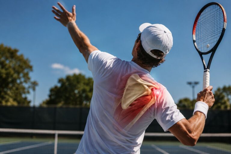Physical therapist assessing a tennis player’s shoulder rotation for GIRD in Austin