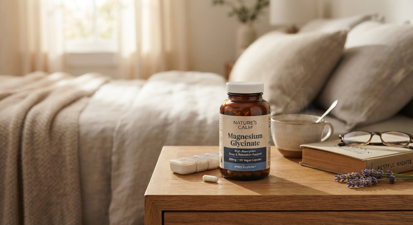 Magnesium glycinate supplement bottle for sleep and muscle recovery
